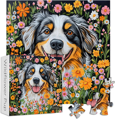 Dog Jigsaw Puzzles 1000 Pieces, PICKFORU Colorful Flower Garden Puzzle, Cute Puppy Puzzles for Adults Wildflower Plant, Challenging Animals Jigsaw Puzzles as Wall Decor