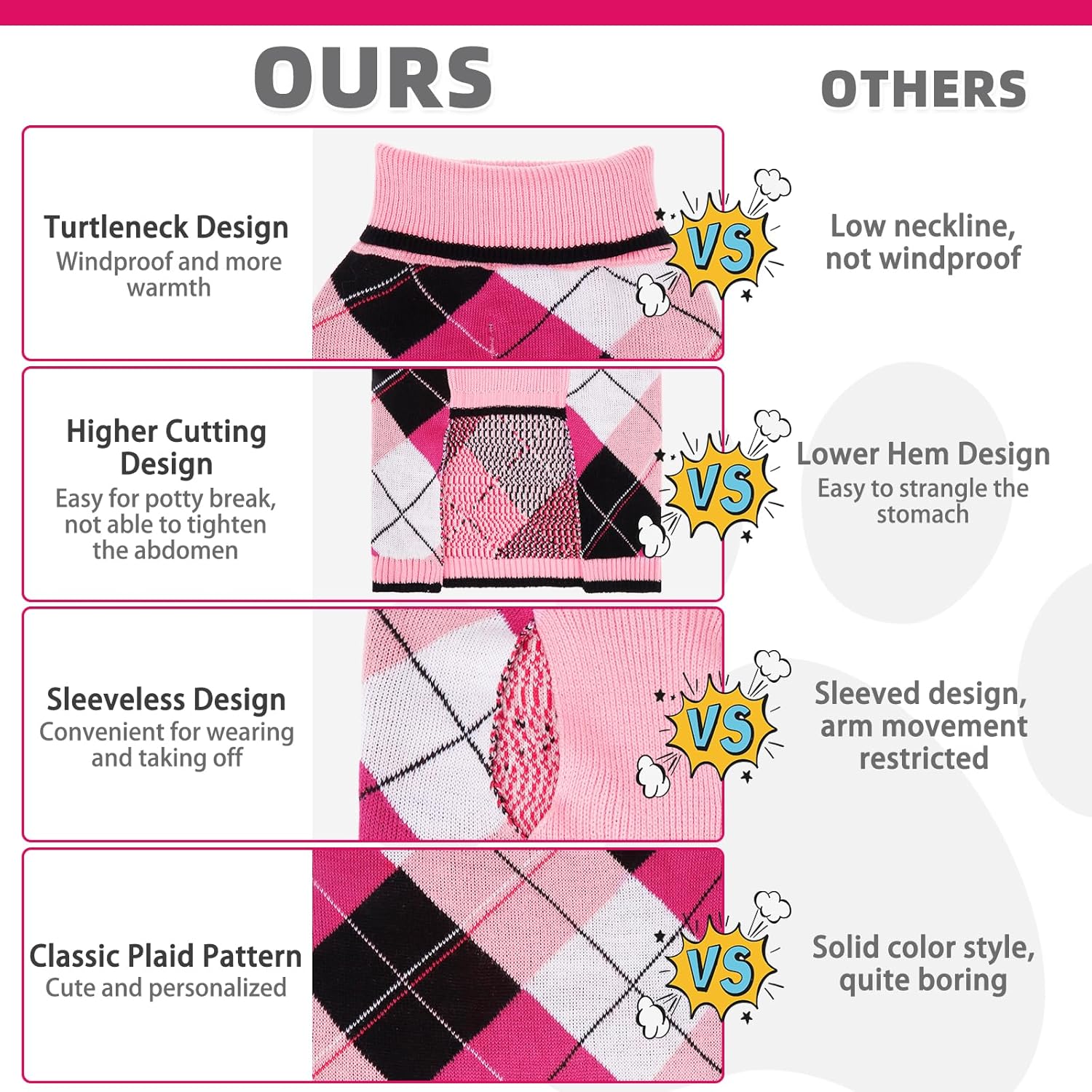 KOOLTAIL Valentine Dog Sweater Pet Knitted Clothes - Classic Pink Plaid Pullover Turtleneck Thick Warm Dog Sweaters with Leash Hole, Soft Winter Coats for Small Medium Large Dogs Cats Puppy Girls, S