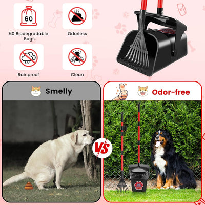 Pooper Scooper Swivel Bin and Rake with 60 Waste Bags, Heavy Duty Dog Poop Scooper for Large Medium Small Dogs, Long Stainless Steel Handle Use on Yard, Grass, Dirt or Gravel