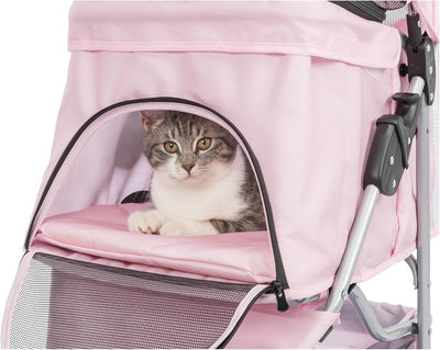 TRIXIE Foldable Pet Stroller for Cats and Dogs, Pet Carrier Strolling Cart with Weather Cover, Storage Basket, Cup Holder, Pink