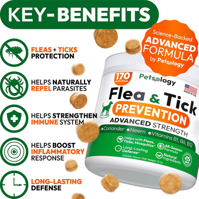 Pastillas para prevención de pulgas y garrapatas para perros, control natural de pulgas y garrapatas para perros, 170 masticables suaves, suplemento de tratamiento de defensa oral para perros