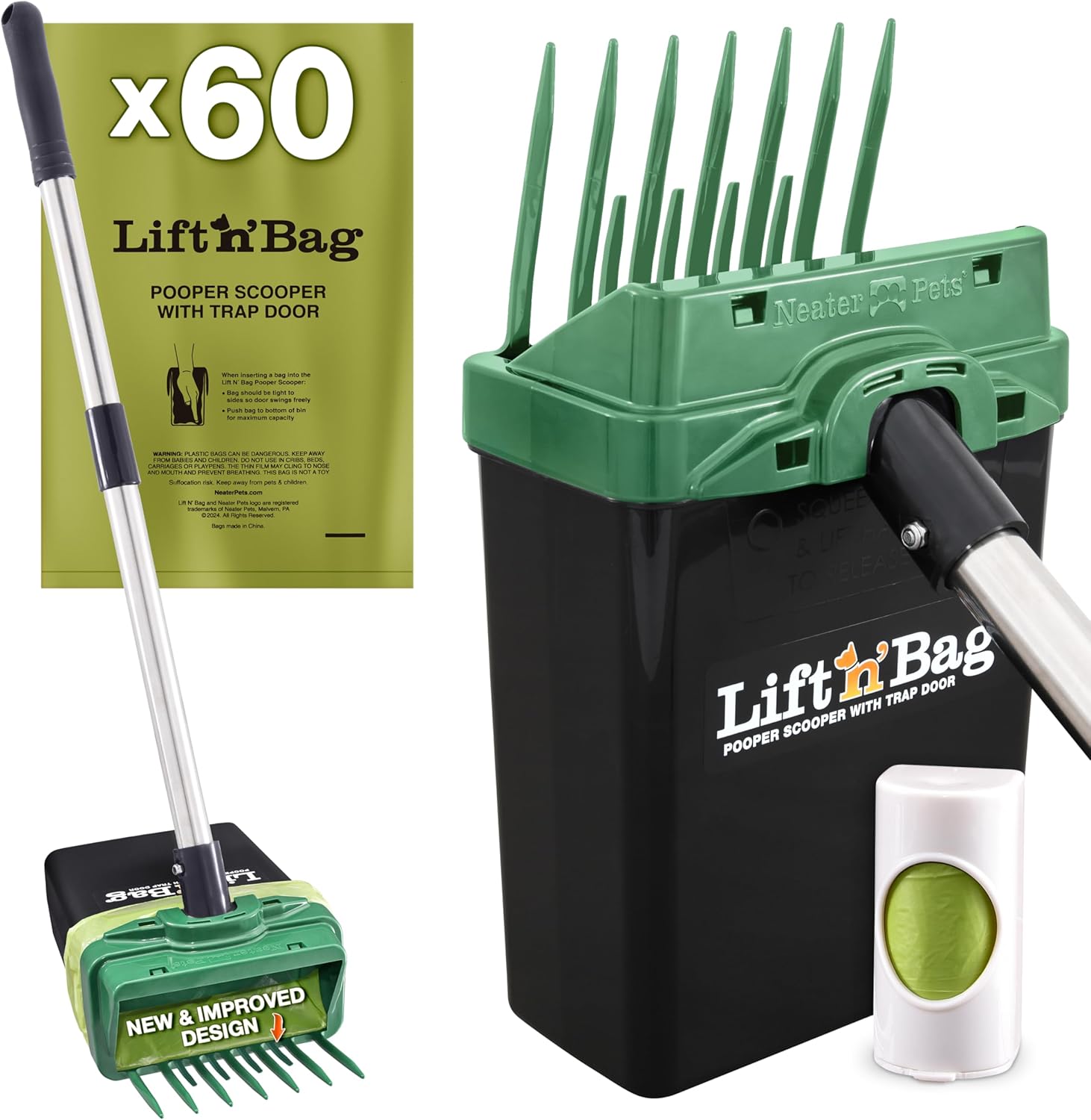 Neater Pet Brands Lift N’ Bag 2.0 Dog Pooper Scooper with Bag Attachment & 27" Pole for Small to Large Dogs, New & Improved Design, 15 Refill Bags, Heavy Duty Dog Poop Scooper for Yard, One-Hand Use