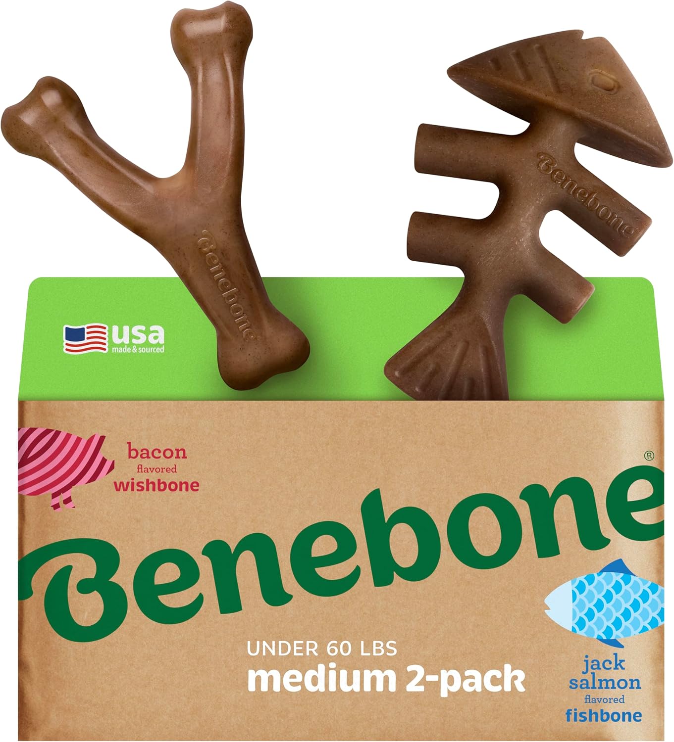 Benebone 2 Count (Pack of 1) Wishbone/Dental Durable Dog Chew Toys, Real Bacon, Made in USA, Small