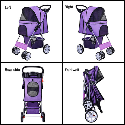 Pet Stroller, 4 Wheels Multifunction Dog Cat Stroller, Folding Portable Travel Stroller with Detachable Carrier, Suitable for Medium Small Dogs Cats(Purple)