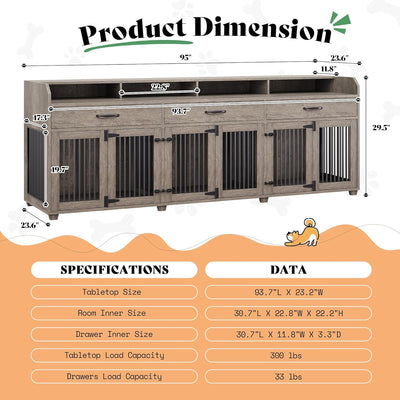 AMERLIFE 95" Large Dog Crate Furniture with Storage, 3-Room Indoor Wooden Dog Kennel for Large/Medium Dogs, TV Stand & Sideboard with Drawers & Removable Divider, Gray
