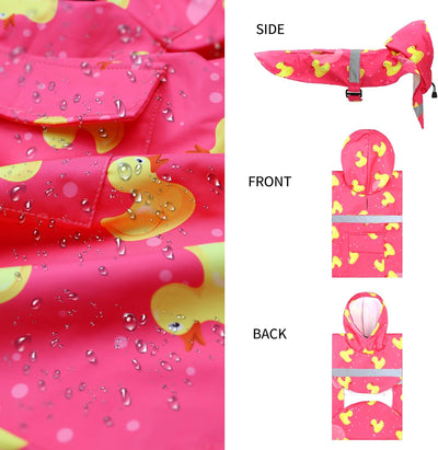 DELIFUR Large Dog Raincoat- Waterproof Dog Rain Poncho Adjustable Double Layer Rain Jacket with Hood for Medium Large Dogs Designed with Leash Hole Reflective Strip and Ducks (Pink Duck, Medium)