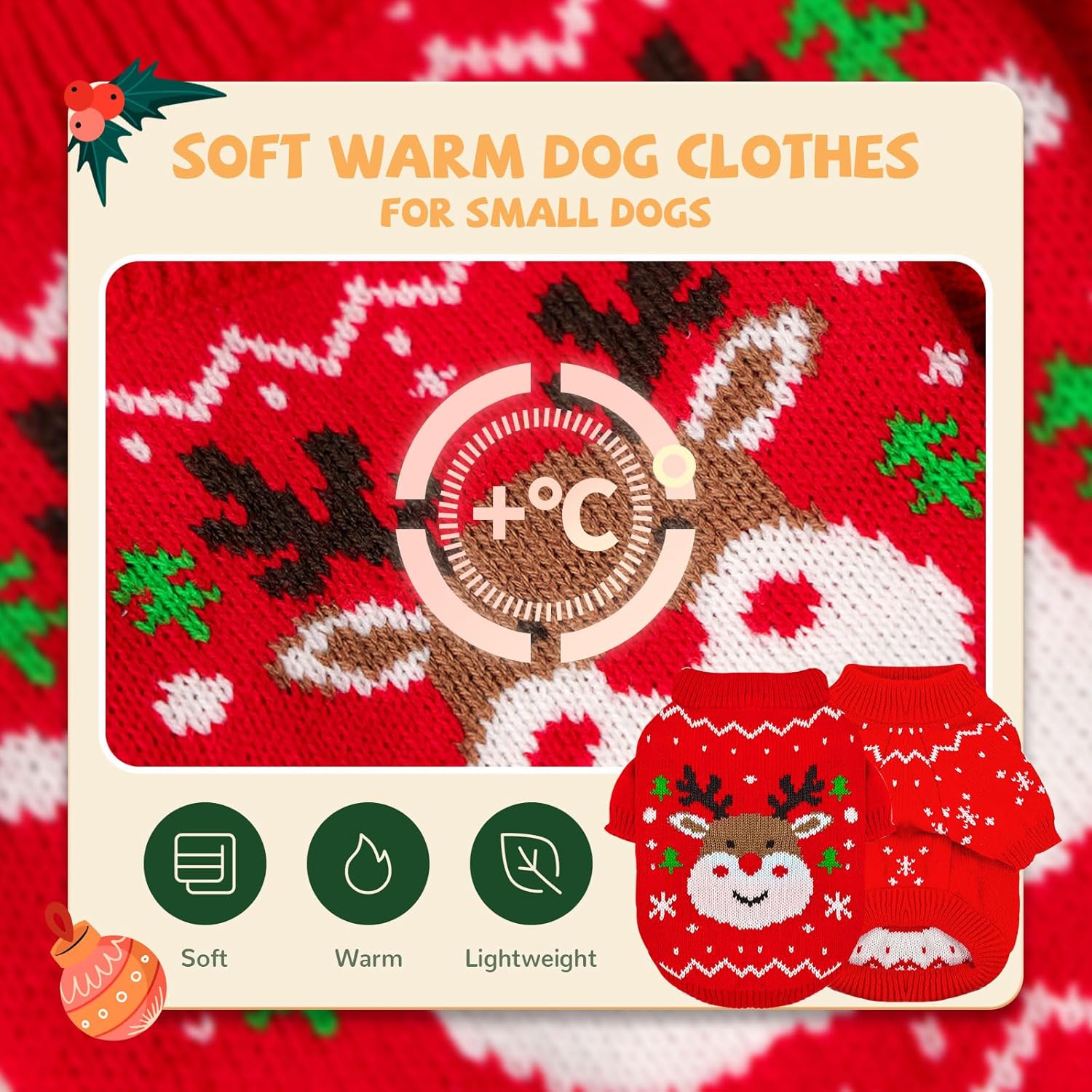Dog Christmas Sweater Soft Warm Fall Winter Cat Clothes Puppy Sweater for Small Dogs Cute Xmas Reindeer Doggie Outfit Cat Sweaters with Sleeves Pet Holiday Costume Chihuahua Apparel(Red,M)