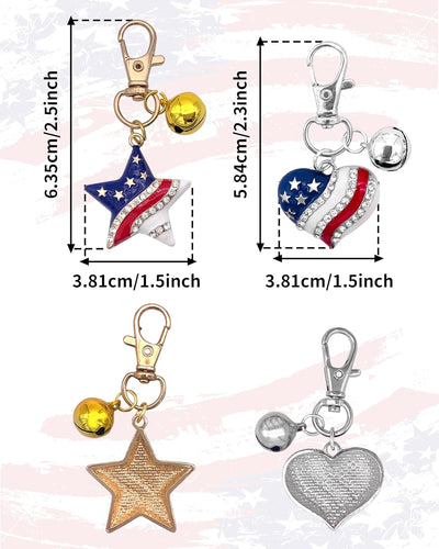 PET SHOW 4 Pack 4th of July Copper Bells for Small Dogs Cats Collar Charm Stars&Hearts American Flag Medium Large Dog Pet Pendant Accessories with Snap Clips Patriotic Rhinestone Keychain Bell