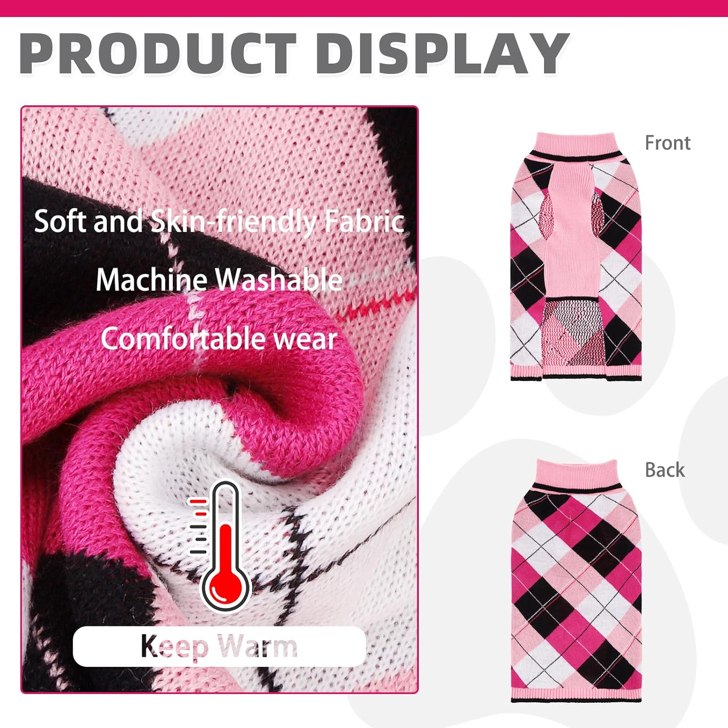 KOOLTAIL Valentine Dog Sweater Pet Knitted Clothes - Classic Pink Plaid Pullover Turtleneck Thick Warm Dog Sweaters with Leash Hole, Soft Winter Coats for Small Medium Large Dogs Cats Puppy Girls, S