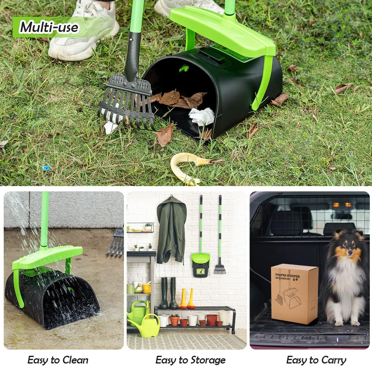 MXF Pooper Scooper Swivel Bin & Rake Kit with 20 Waste Bags, 36.6" Long Handle Adjustable Portable Non-Breakable Dog Pooper Scooper for Large Medium Small Dogs, Poop Scooper for Lawn Yard Dog Kennel