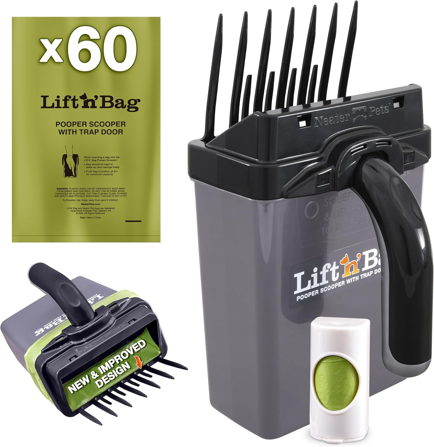 Neater Pet Brands Lift N’ Bag 2.0 Dog Pooper Scooper with Bag Attachment & 27" Pole for Small to Large Dogs, New & Improved Design, 15 Refill Bags, Heavy Duty Dog Poop Scooper for Yard, One-Hand Use