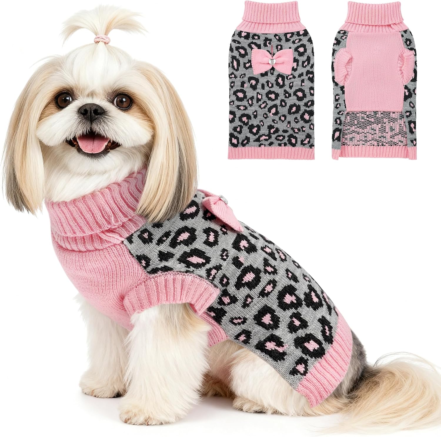 YUDODO Small Dog Sweater Dress with Bowtie Turtleneck Leopard Knitted Pet Girl Dog Winter Clothes Warm Sweater for Yorkies Chihuahua with Leash Hole (S, Khaki Leopard Dress)