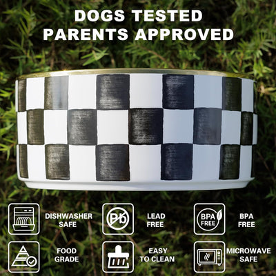 Ceramic Dog Bowls for Medium Dogs, 3.5 Cup Checkered Dog Food and Water Bowl with Acacia Wood Stand, Non-Slip Anti-Tip Elevated Feeding Station, Black and White