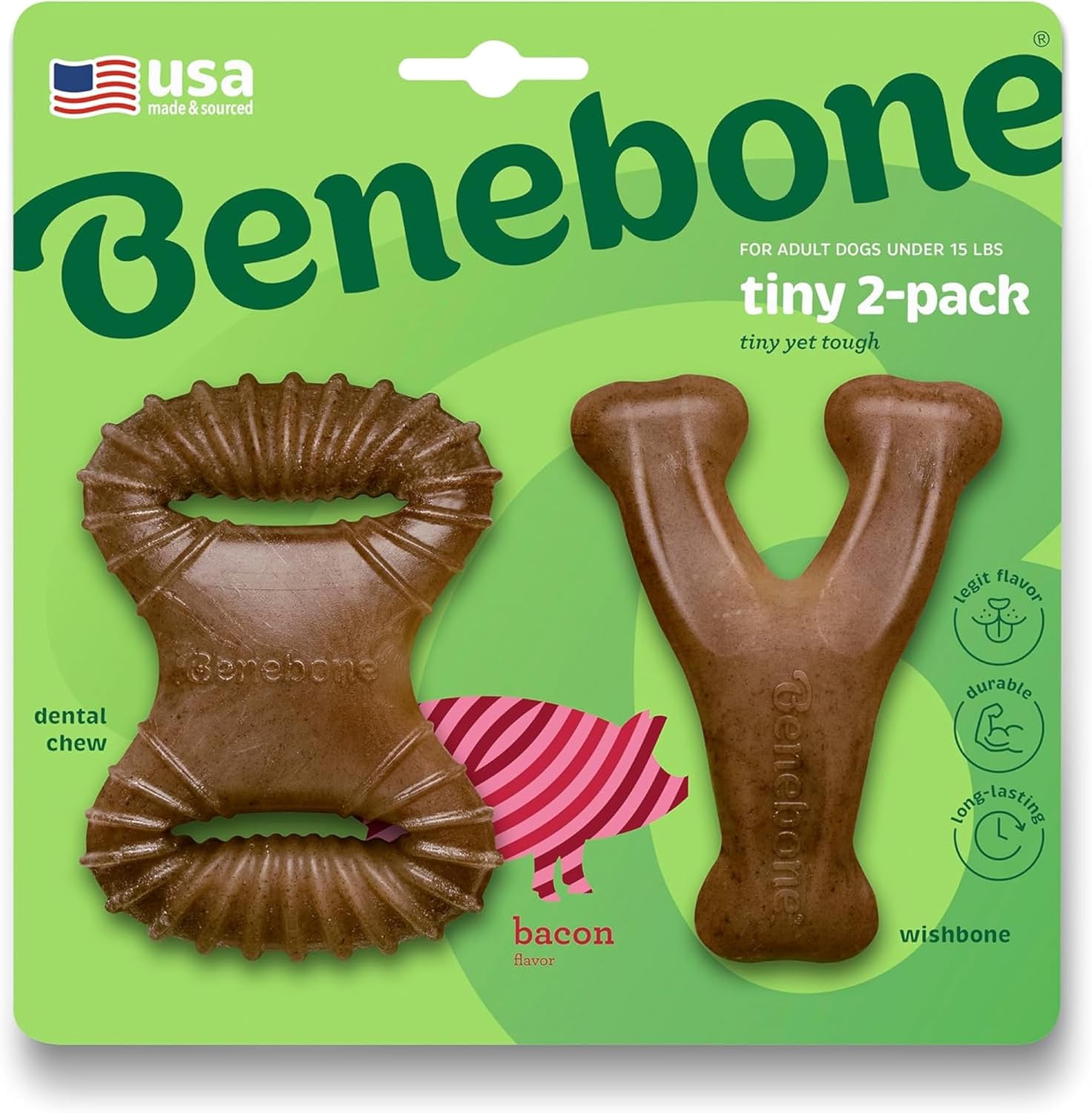 Benebone 2 Count (Pack of 1) Wishbone/Dental Durable Dog Chew Toys, Real Bacon, Made in USA, Small