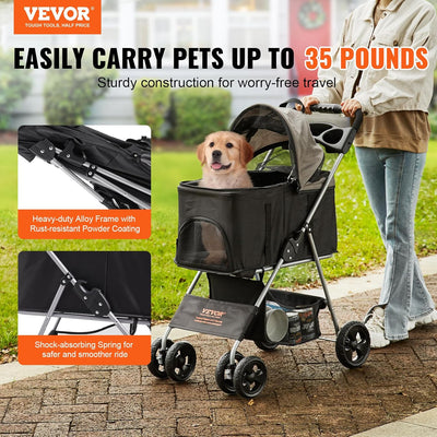VEVOR Pet Stroller, 4 Wheels Dog Stroller with Brake, 35lbs Weight Capacity, Lightweight Foldable Portable Folding Carrier, Storage Basket and Cup Holder, for Dogs and Cats Travel, Black+Dark Grey