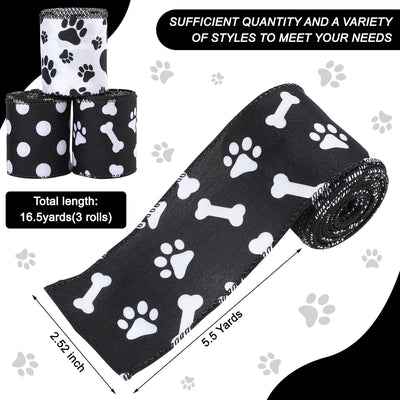3 Rolls Dog Paw Print Ribbon Polka Dots Wired Edge Ribbon for DIY Bow Crafts Gift Wrapping Wedding Decor