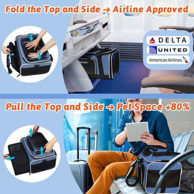 Petskd Top and Side Expandable Pet Carrier 18x11x11 Inches Delta United Airline Approved, Soft-Sided Carrier for Small Cats and Dogs with Locking Safety Zippers and Anti-Scratch Mesh(Blue)
