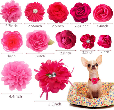 PET SHOW 12pcs Rose pink Dog Collar Bows and Flowers Attachment for Girls Puppies Cats Female Small Medium Dogs Collars Embellishment Decor for Wedding Birthday Parties Grooming Pet Collar Accessories