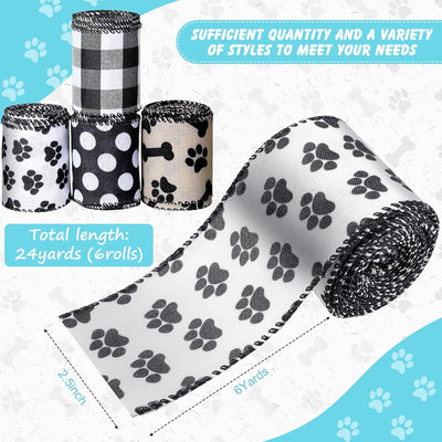 4 Rolls 24 Paw Print Ribbon 2.5 Inch Wire Dog Ribbon for Bows Making Themed Party Favor Gift DIY Decoration Home Decor (Classic Color,Dog Bone)