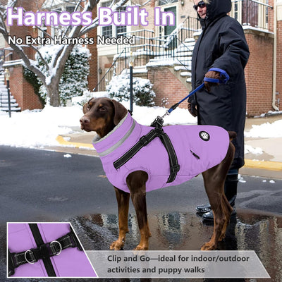 Dogcheer Dog Coat with Harness, Waterproof Dog Jacket, Reflective Puppy Winter Jacket with Pocket, Doggy Turtleneck Fleece Vest for Small Medium Large Dogs - Taro Purple, M