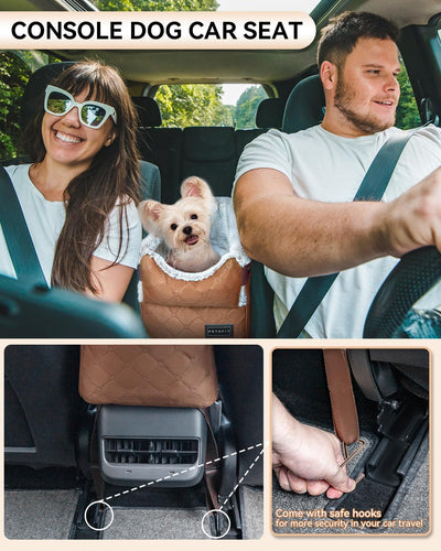 PETSFIT Center Console Dog Car Seat with Safe Protection Hooks, Pet Car Seat with Upgraded Safety Tethers, Washable Cushion, Console Dog Car Seats for Small Dogs (Coffee)