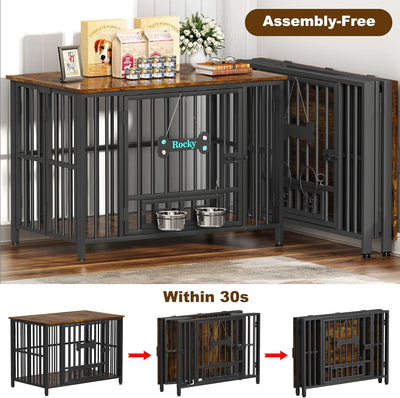 Easycom 41" Dog Crate Furniture Foldable, No Assembly Decorative Dog Kennel Indoor, XL Dog Crates for Large Dogs, Wooden Dog Cage with Adjustable Bowls and Name Tag, End Table, Rustic Brown