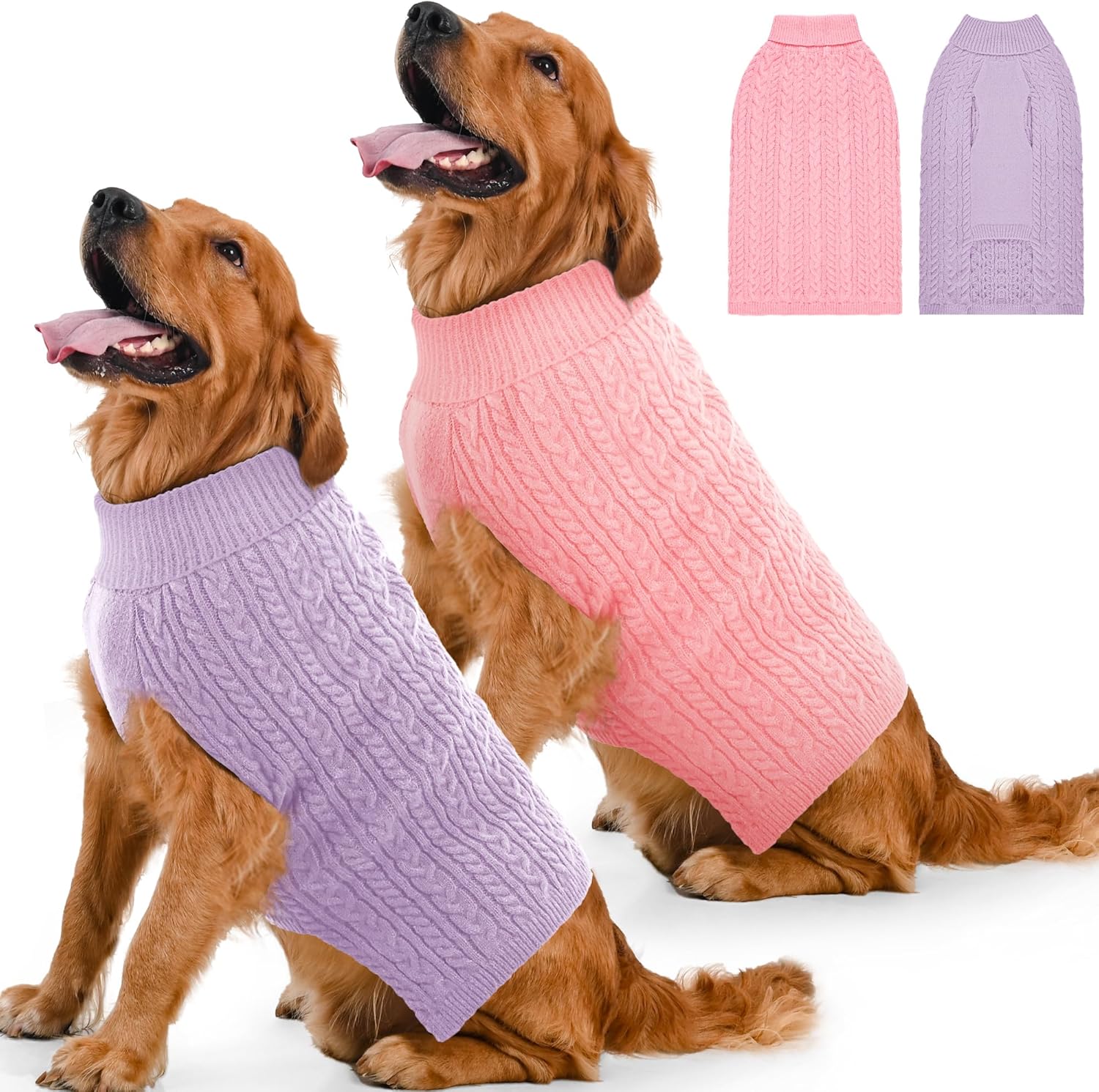 2 Pack Dog Sweaters for Small Dogs Winter Turtleneck Pullover Cable Knit Fleece Stretch Puppy Doggie Chihuahua Toy Poodle Yorkie Pomeranian Boy Girl Pet Clothes (S, Pink & Purple)