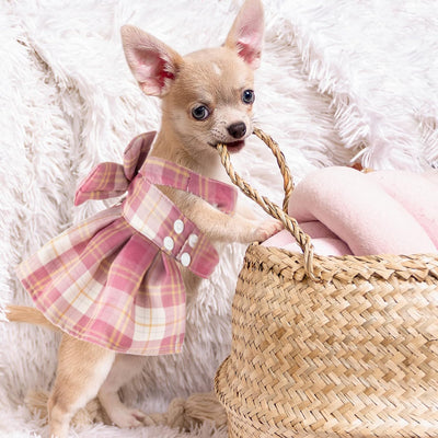 4 Pcs Cute Plaid Dog Dress Set with Bow Tie Harness & Leash for Small Dogs, Puppy Clothes for Girls Summer Outfits(S,Dark Color)
