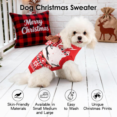 Dog Christmas Sweater Classic Red Pattern Dog Christmas Outfit with Reindeer Antler Hood Soft Warm Knitted Pet Clothes for Small Medium Large Dogs Cats