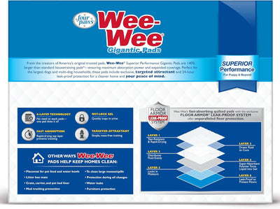 Four Paws Wee-Wee Superior Performance Pee Pads for Dogs with Runoff Barrier Edge Guard Protection, Puppy & Dog Potty Training Pads, Housebreaking Supplies, 27.5" x 44" (18 Count)