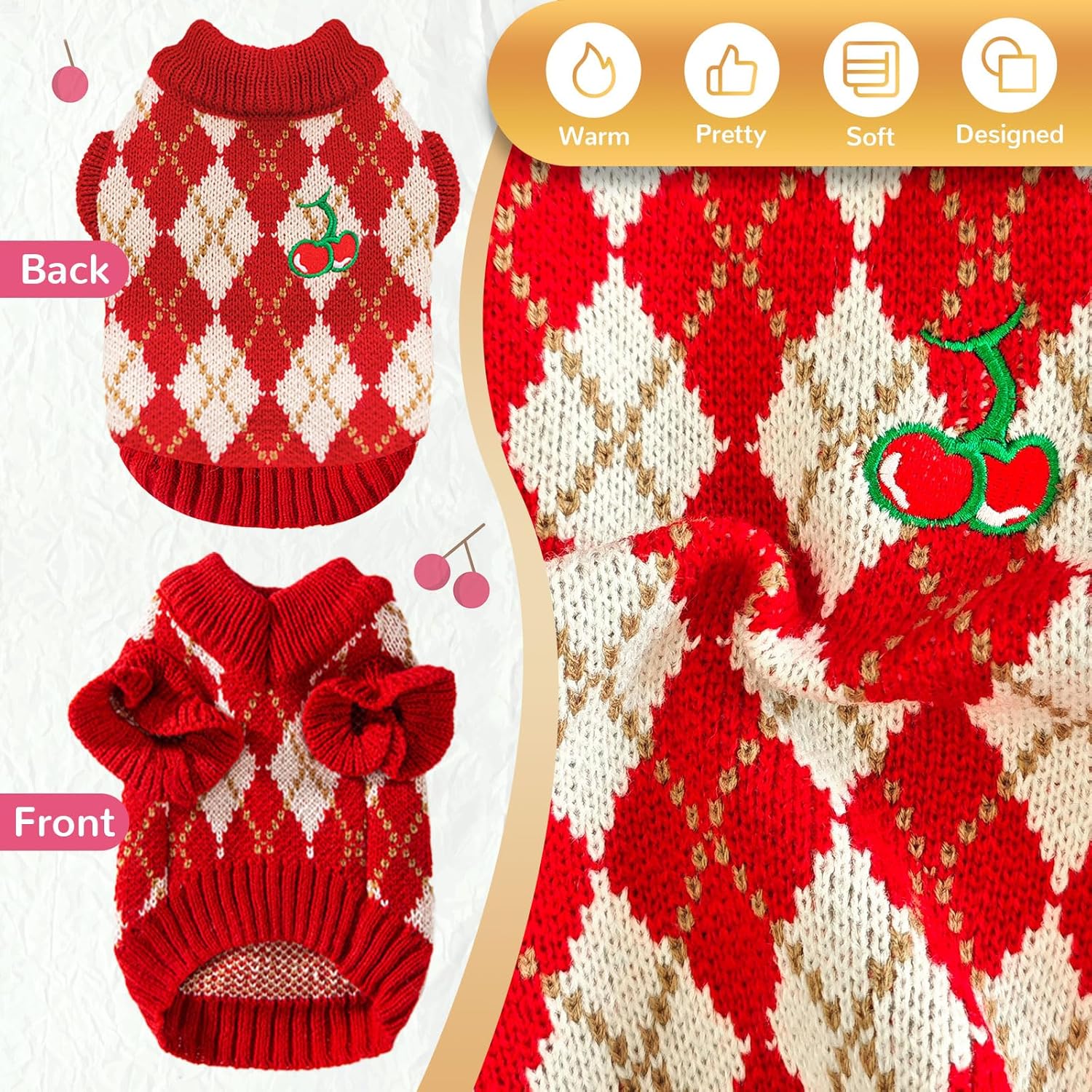 BAEJMJK Cute Cherry Small Dog Sweater Soft Girl Dog Clothes Turtleneck Warm Pet Puppy Knitted Pullover Princess Dogs Cats Outfits(Red Cherry A,X-Small)