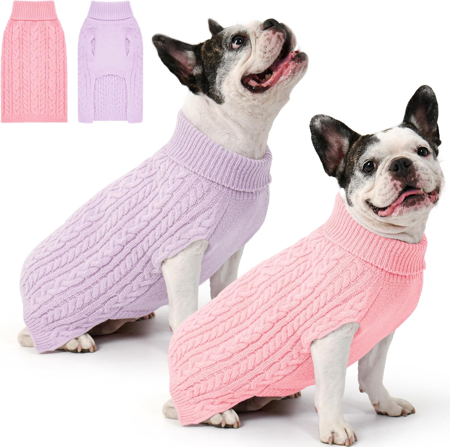 2 Pack Dog Sweaters for Small Dogs Winter Turtleneck Pullover Cable Knit Fleece Stretch Puppy Doggie Chihuahua Toy Poodle Yorkie Pomeranian Boy Girl Pet Clothes (S, Pink & Purple)