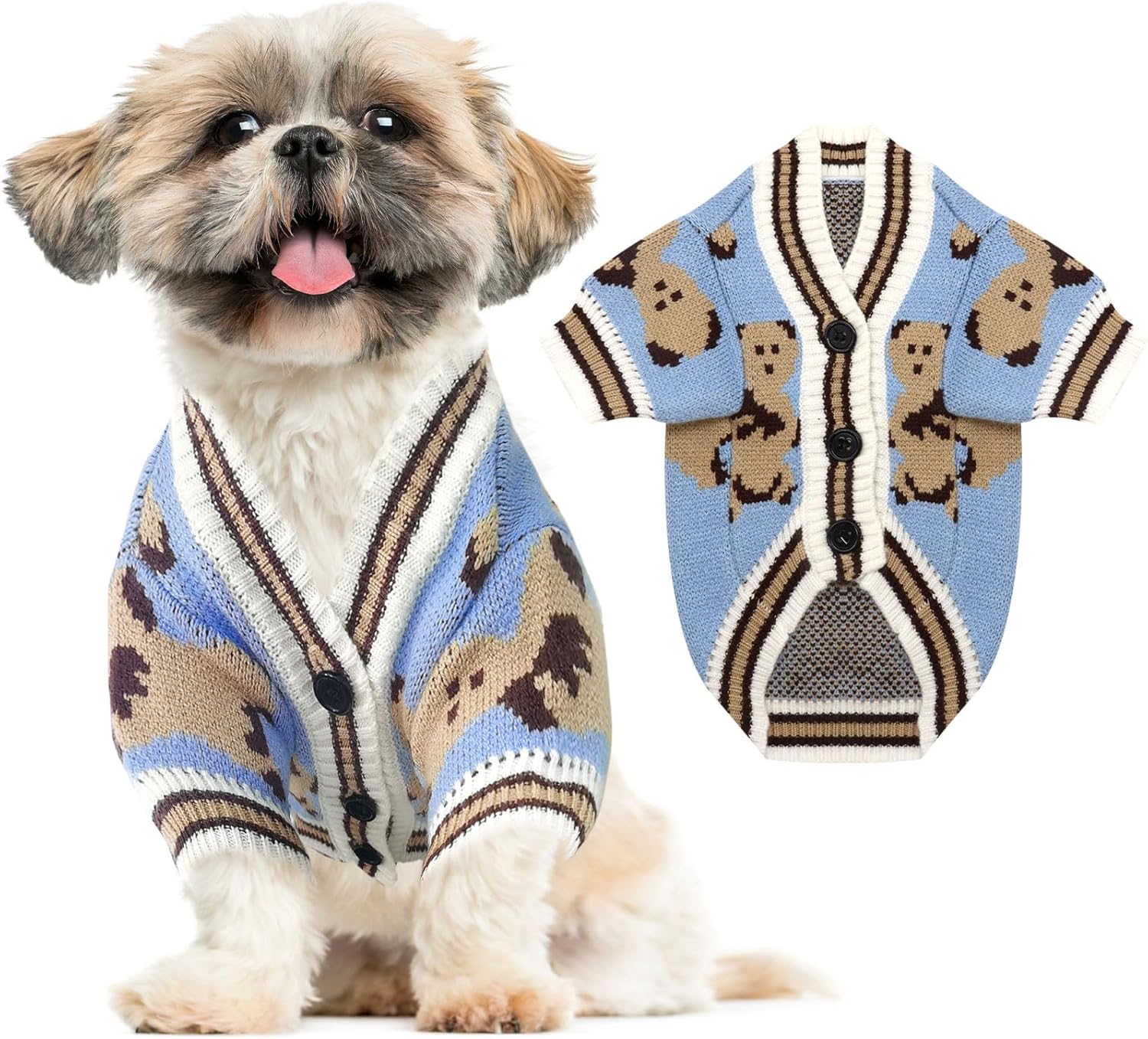 Small Dog Sweaters Cute Bear Dog Cardigans Clothes for Small Medium Dogs Boy Girl Puppy Cat Knitting Cardigan Outfits Dogs Winter Coats Warm Pet Doggy Clothes Soft Knitwear Apparel (Beige,XS)