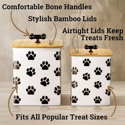 Dog Treat Container Airtight Set of 2 - 8x6 & 7x5 inch Iron Dog Treat Jars for Kitchen Counter with Airtight Bamboo Lids - 20 Cup Capacity Pet Treat Container Set - Doggie Cookie Jar - Treats Canister
