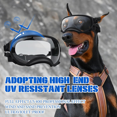 Pacify Gafas de sol para perros de razas grandes, con protección UV para perros grandes y medianos, gafas de motocicleta para perros con lentes curvadas y caja de almacenamiento (transparente)
