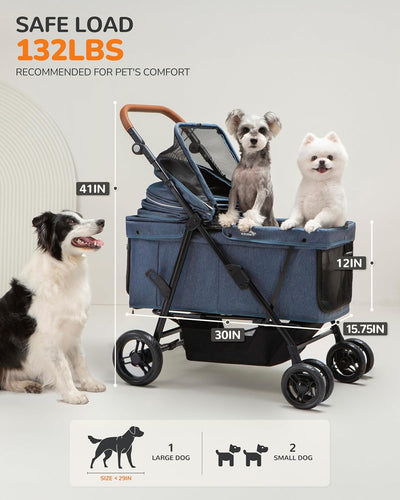 Dog Stroller for Large & Medium Dogs (20–132 lbs), Pet Stroller for 2 Small Dogs, Extra Large Heavy Duty, Foldable & Ventilated, Pink or Navy