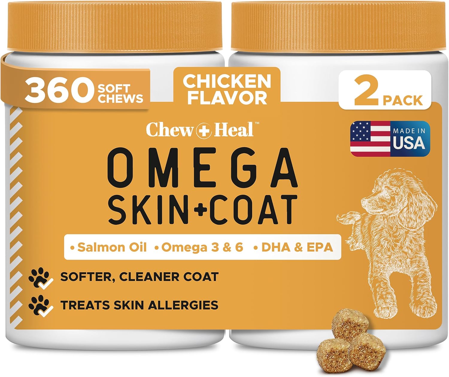 Salmon Oil for Dogs - 180 Soft Chew Omega Treats for Skin and Coat - Fish Oil Blend of Essential Fatty Acids, Omega 3 and 6, Vitamins, Antioxidants and Minerals - Made in USA