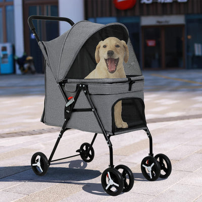 BestPet Pet Stroller Folding Dog Stroller 4 Wheels Cat Stroller with Large Door Curtain Ventilate Mesh Foldable Puppy Stroller for Travelling Shopping Walking Playing for Small Medium Dogs Cats (Grey)