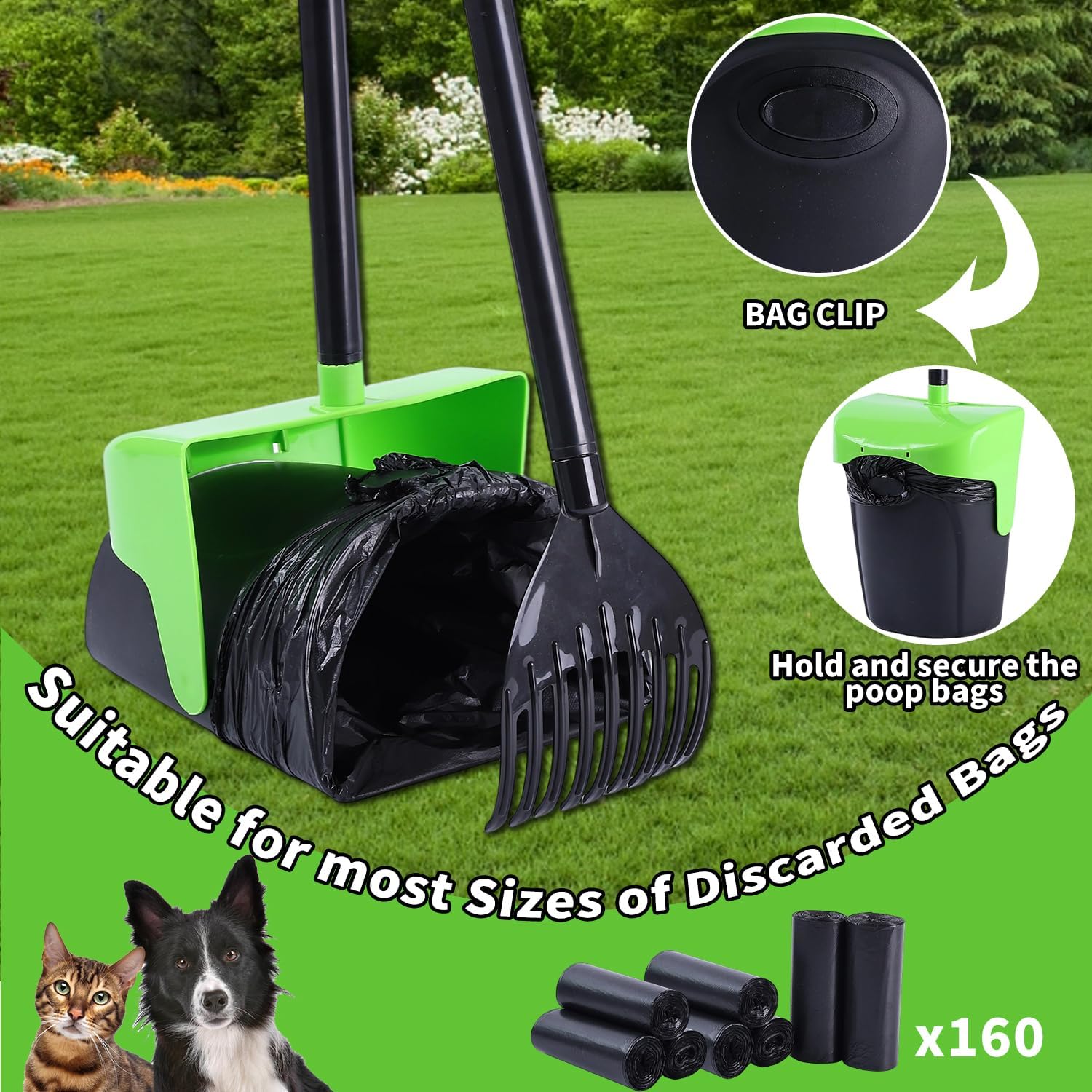 Pooper Scooper Large Swivel Bin & Rake with 160 Waste Bags,Heavy Duty Dog Pooper Scooper with Bag Attachment for Dogs, Long Handle Poop Scooper with Lid for Yard, Grass, Gravel(Green)