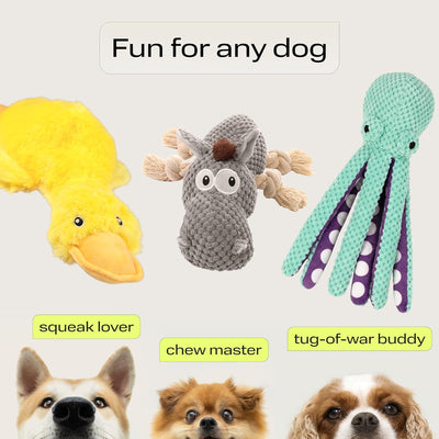 PetSpy Squeaky Stuffed Dog Toy Pack - 3 Dog Chew Toys for Large, Medium, Small Dogs and Puppies- Rope Donkey, Plush Octopus, Crinkle Duck Toy - Pet Supplies Toys for Dogs to Keep Them Busy