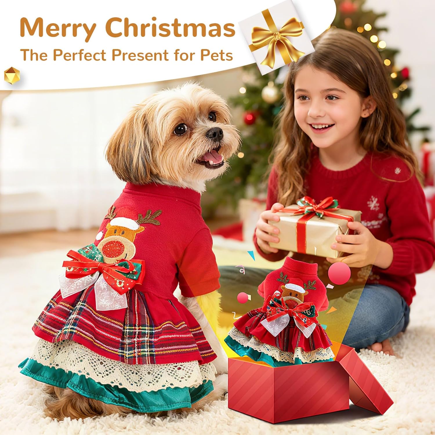 BAEJMJK Cute Small Dog Christmas Dress Xmas Red Reindeer Puppy Princess Dress with Bowknot Warm Holiday Girl Dog Clothes Pet Cats Outfit Apparel for Chihuahua Yorkshire Terriers, Maltese(Medium)