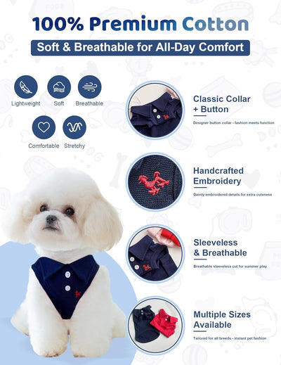 Dog Shirts for Small Medium Dogs - Summer Mellow Collared Polo T Shirt Puppy Soft Clothes Cats for Cute Boy Girl Pets, Navy Blue, Embroider, Parent-Child Clothing, Small