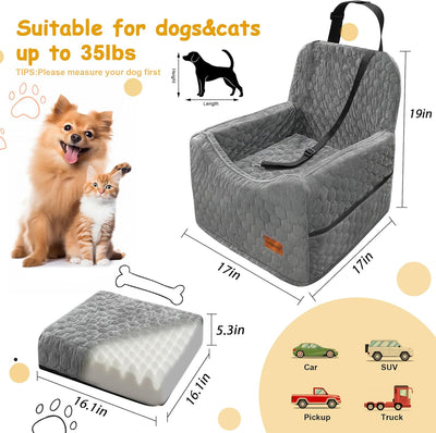 Dog Car Seat for Small/Medium Dogs, Memory Foam Dog Booster Seat, Travel Safety Per Car Seat with Washable Removable Cover, Storage Pockets for Dogs up to 35 lbs(Gray)