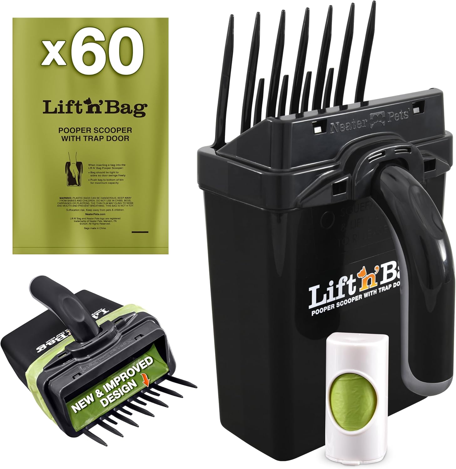 Neater Pet Brands Lift N’ Bag 2.0 Dog Pooper Scooper with Bag Attachment & 27" Pole for Small to Large Dogs, New & Improved Design, 15 Refill Bags, Heavy Duty Dog Poop Scooper for Yard, One-Hand Use