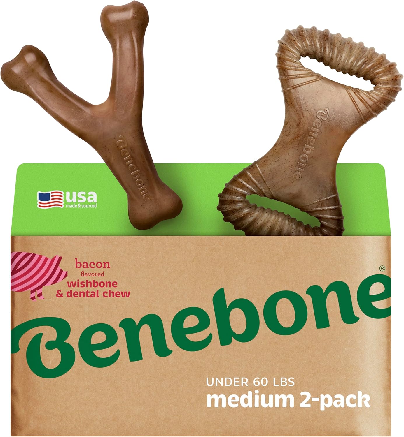 Benebone 2 Count (Pack of 1) Wishbone/Dental Durable Dog Chew Toys, Real Bacon, Made in USA, Small