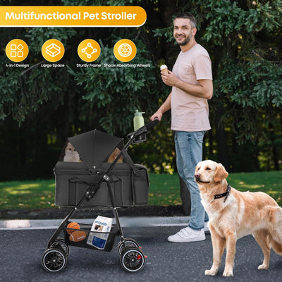 CHIHUAHUA Cochecito plegable 2 en 1 para mascotas con toldo, carrito de paseo para mascotas de 4 ruedas para perros pequeños y gatos con transportador extraíble, malla transpirable, bolsa de mano para