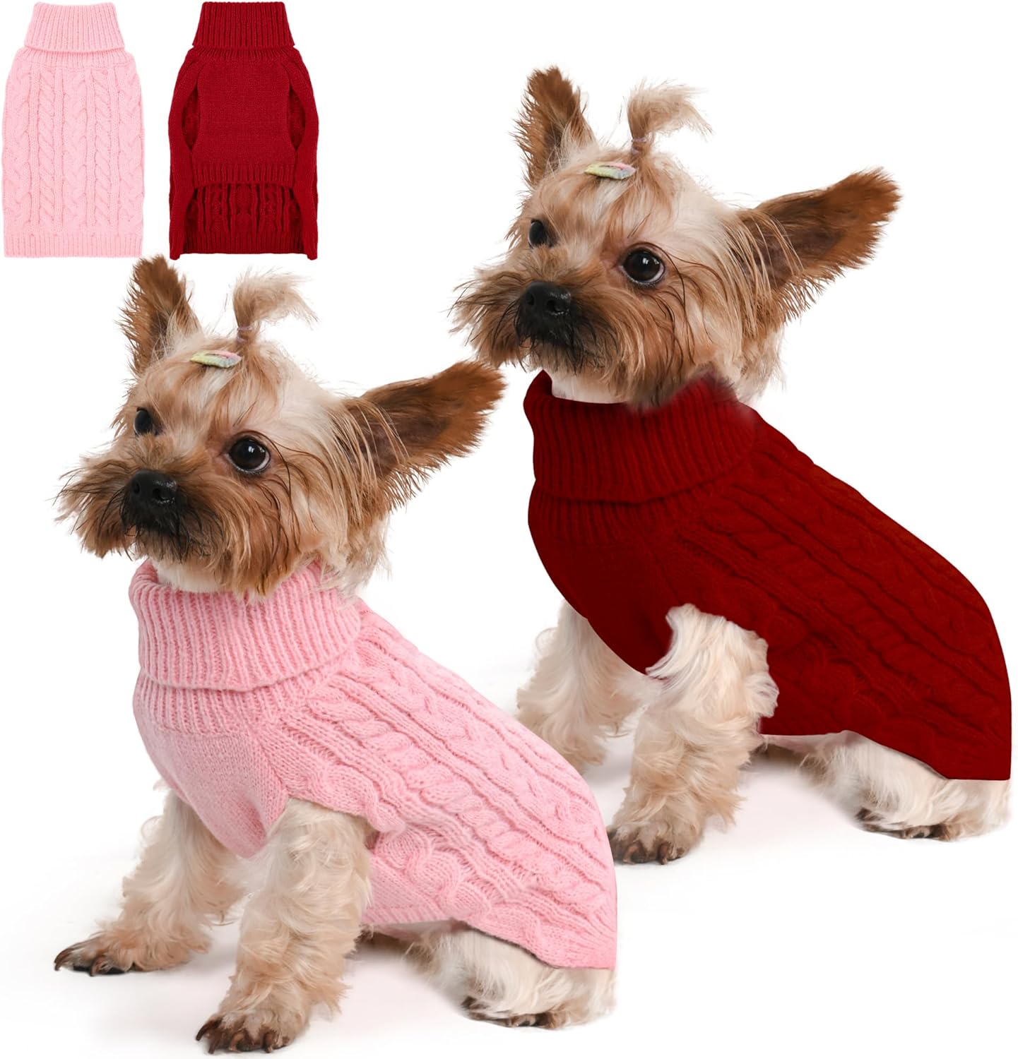2 Pack Dog Sweaters for Small Dogs Winter Turtleneck Pullover Cable Knit Fleece Stretch Puppy Doggie Chihuahua Toy Poodle Yorkie Pomeranian Boy Girl Pet Clothes (S, Pink & Purple)
