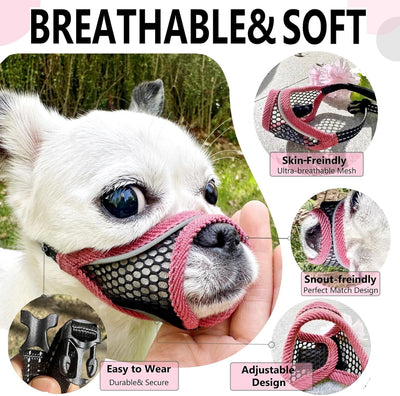 Dog Muzzle, Soft Mesh Muzzles for Small Dogs, Chihuahua Shih Tzu Yorkie Pom, Short Snout Mouth Guard for Barking Biting Grooming, Breathable Adjustable Puppy Muzzle (Cherry-red, XXS)