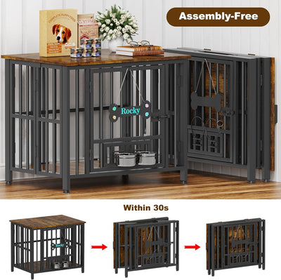 Easycom 31" Dog Crate Furniture Foldable, No Assembly Decorative Dog Kennel Indoor, Dog Crates for Medium Dogs, Wooden Dog Cage with Adjustable Bowls and Name Tag, End Table, Rustic Brown