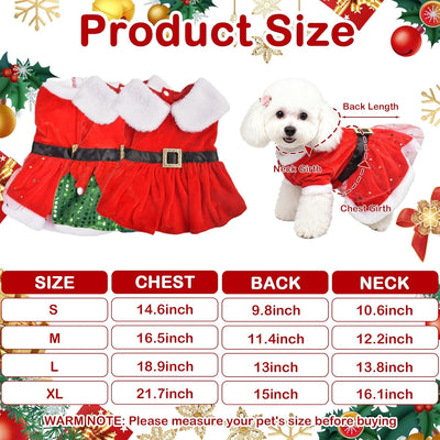 Dog Christmas Dress Outfit for Girl Dogs - 3 Pcs Puppy Fitwarm Clothes Set, Red Belt & Green Sparkly Sequin & Tulle Style Skirts for Small Medium Large Dog, Xmas Pet Cat Costume Dresses Outfits (XL)